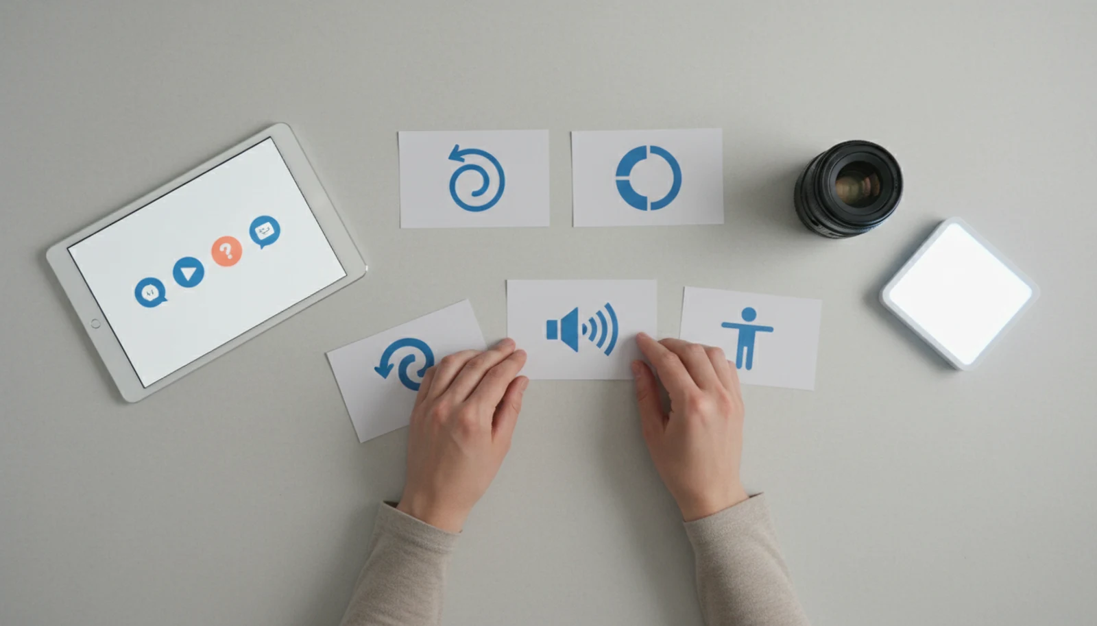 Illustration : des mains disposent des pictogrammes à côté d'une tablette
